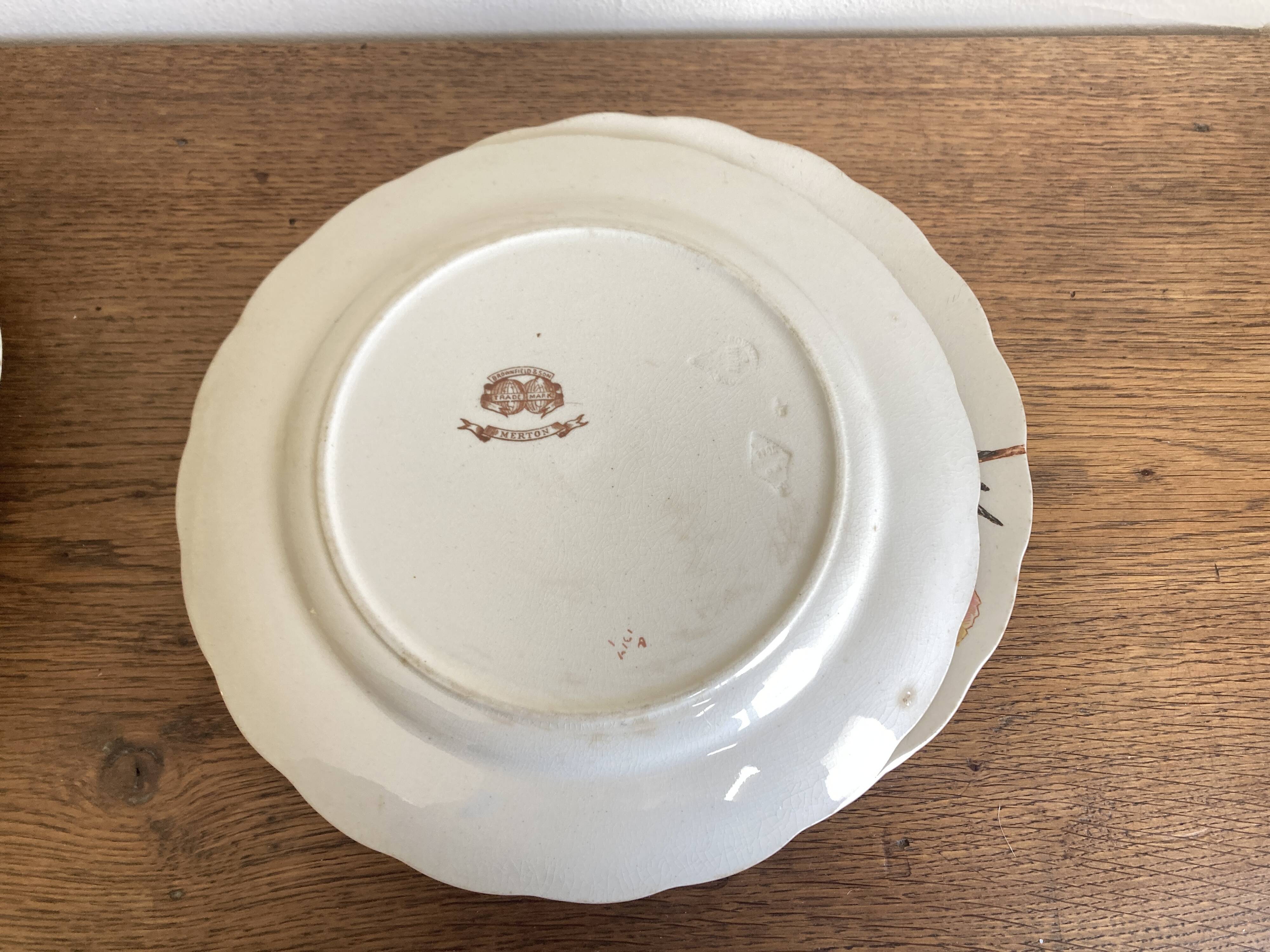 set de 12 assiettes polychrome 1850 ondulées Brownfield England oiseaux