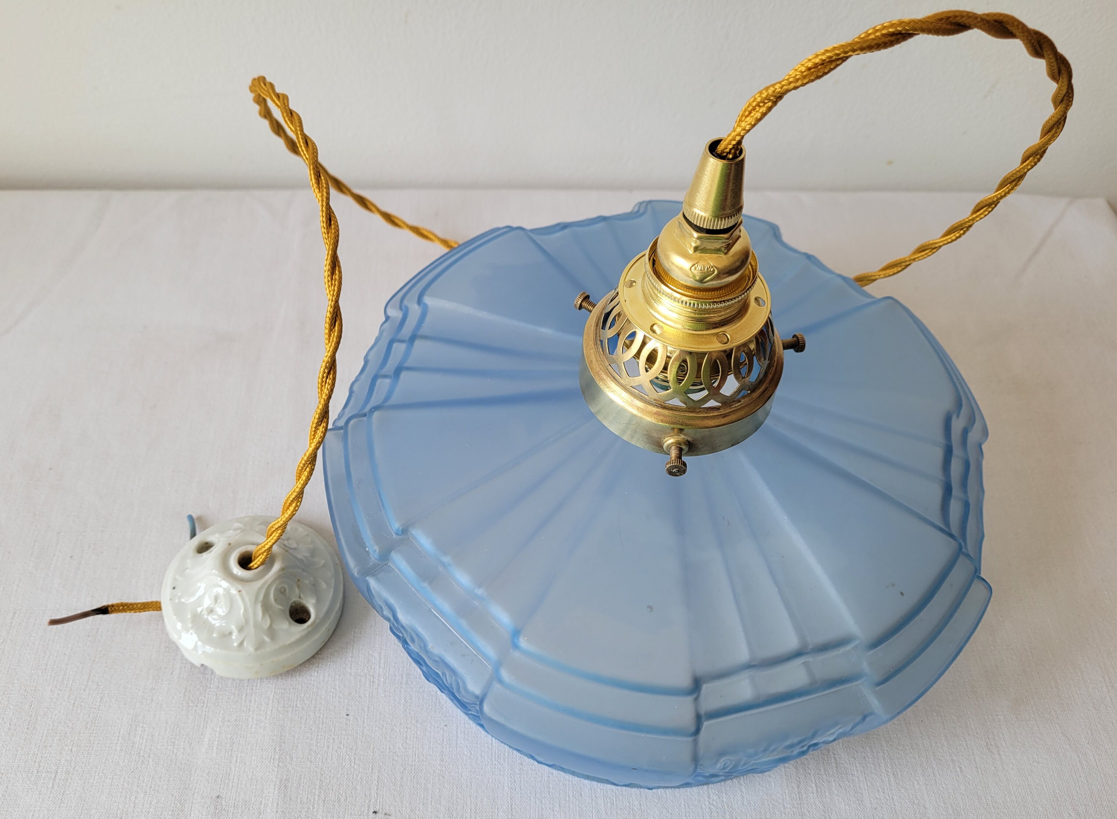 Art Deco pendant lamp in blue opaline
