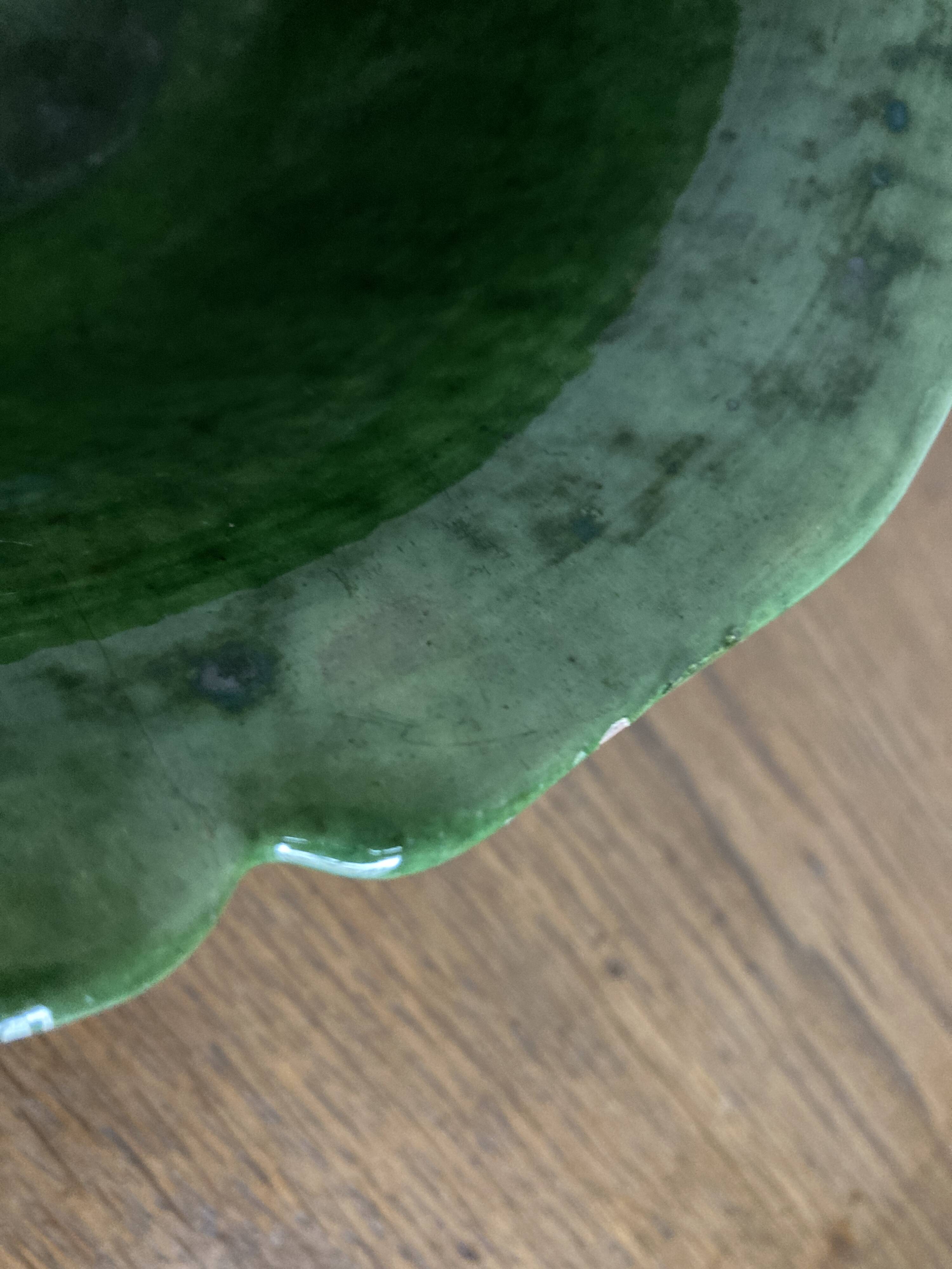 1960s centrepiece bowl in glazed Biot pottery with green scallops XL