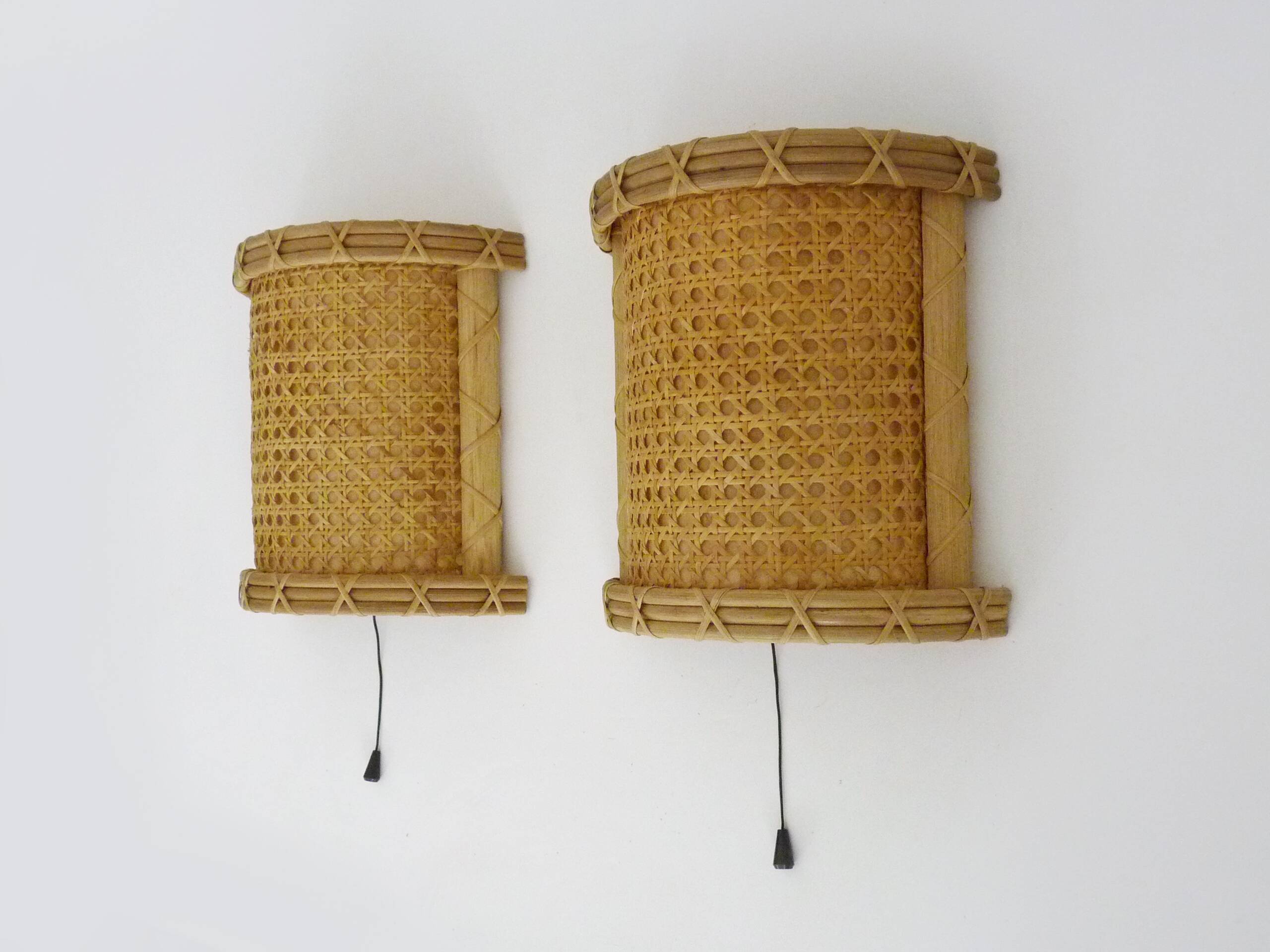 Pair of Vintage Rattan Cane Wall Sconces with Pull Chain
