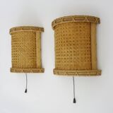 Pair of Vintage Rattan Cane Wall Sconces with Pull Chain