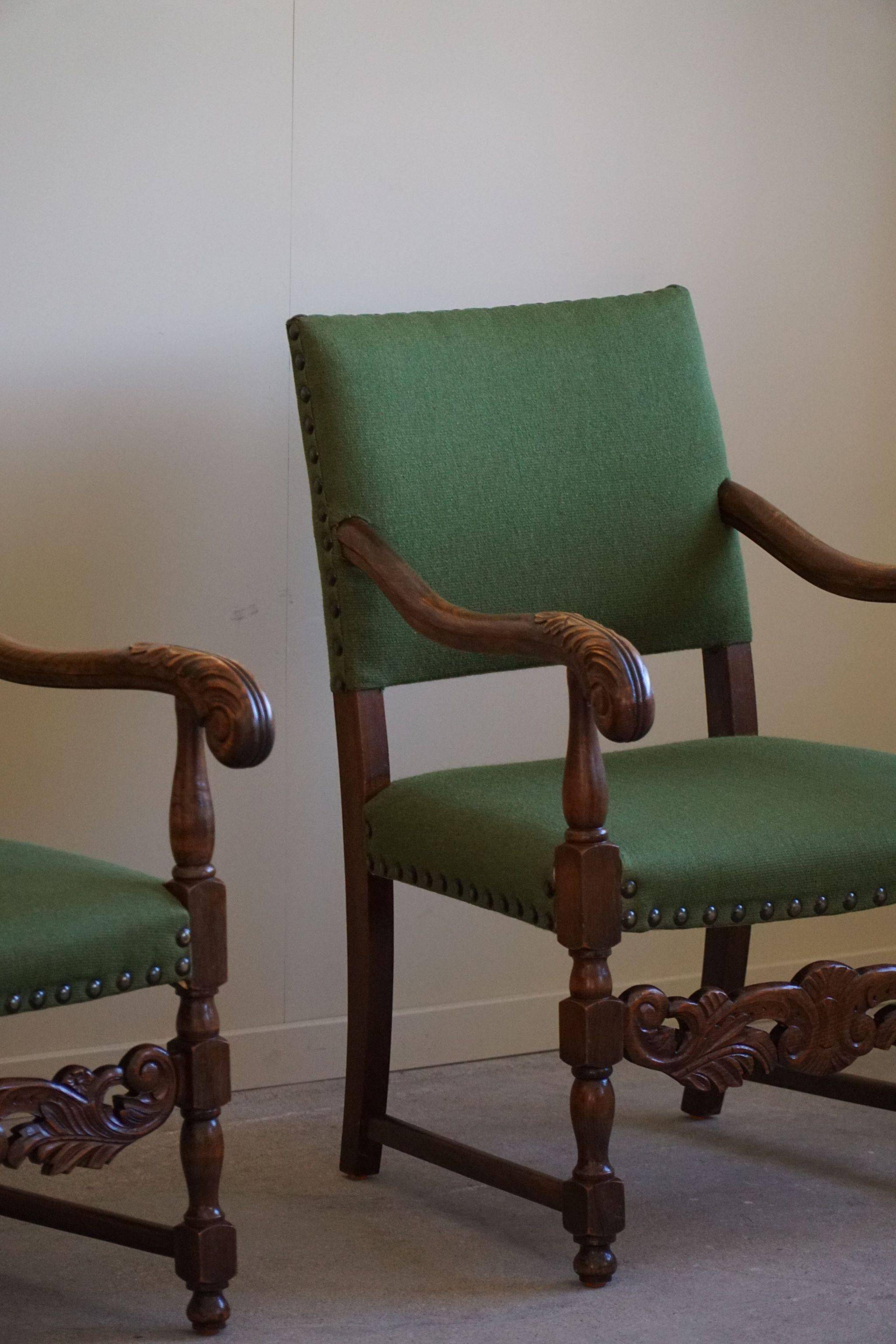 Oak and wool armchairs, Louis XIII style, by a French cabinetmaker from the 1930s.