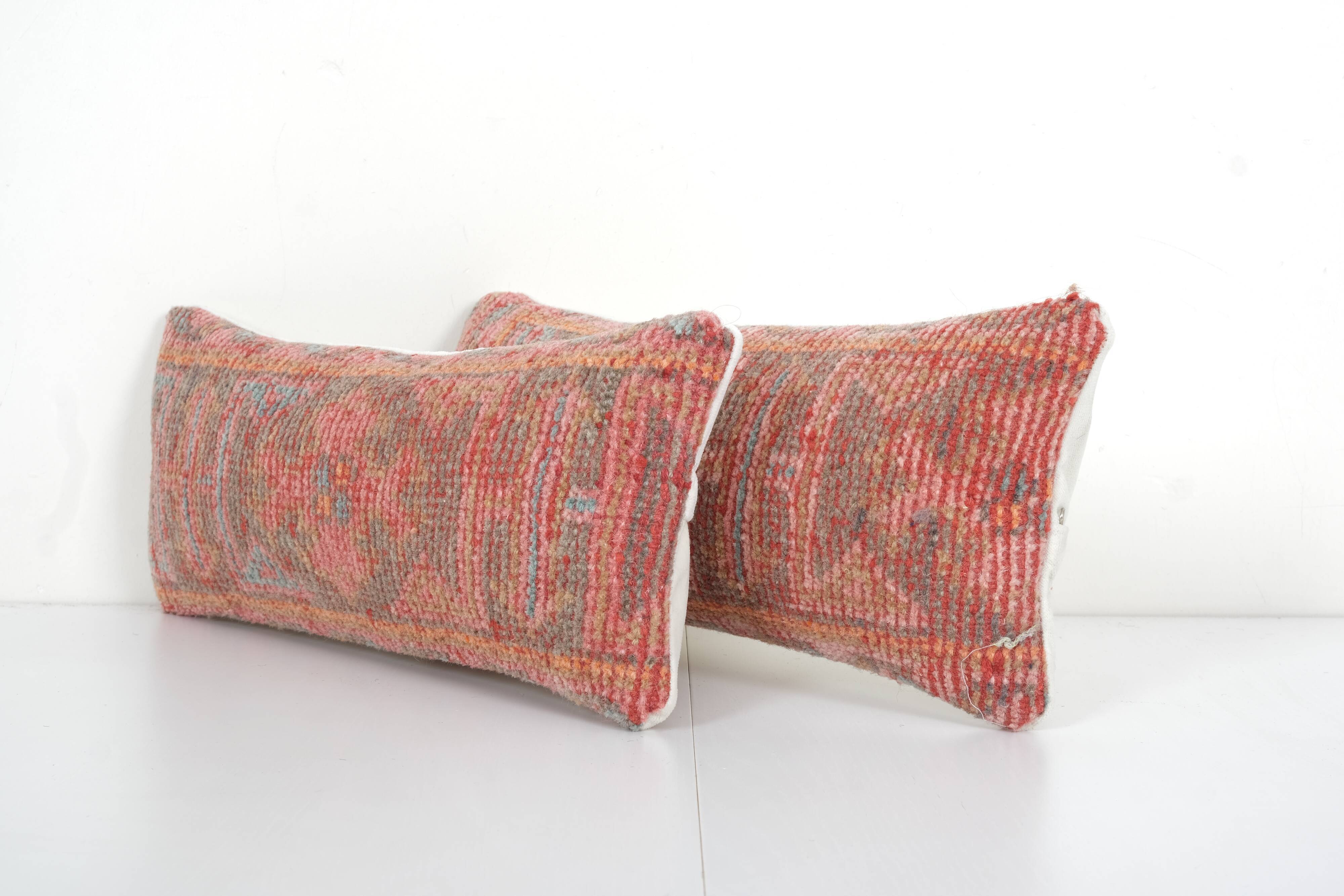 Set of Two Turkish Oushak Rug Pillow Cover, Pair Oblong Chair Cushion, Neutral Pillow Cases Made Out
