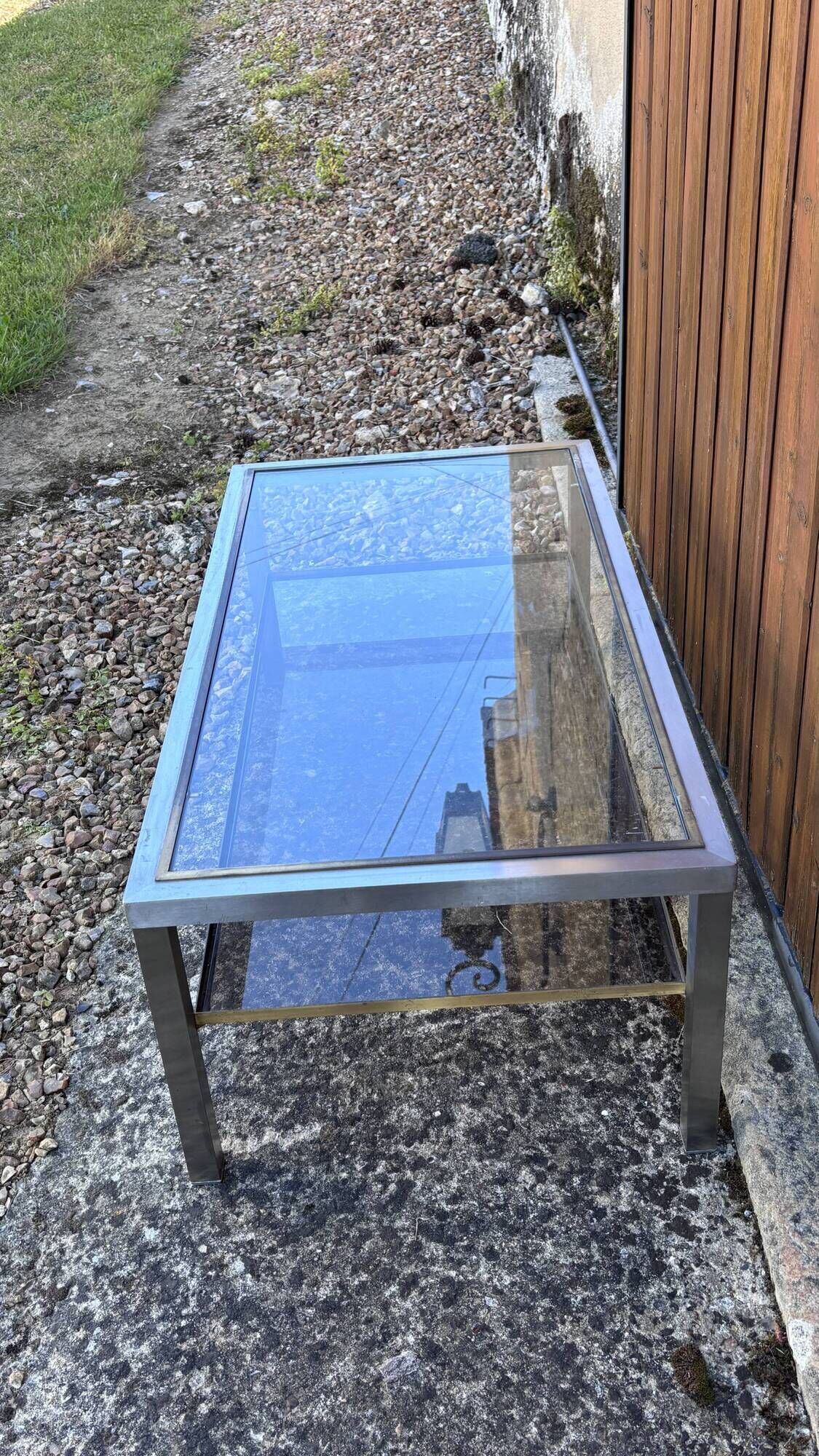 Vintage coffee table glass & chrome metal – Romeo Rega style from the 1970s