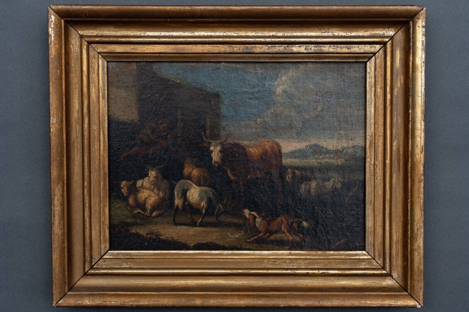 Oil on canvas 18th century scene of animals and shepherd gilded frame