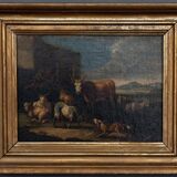 Oil on canvas 18th century scene of animals and shepherd gilded frame