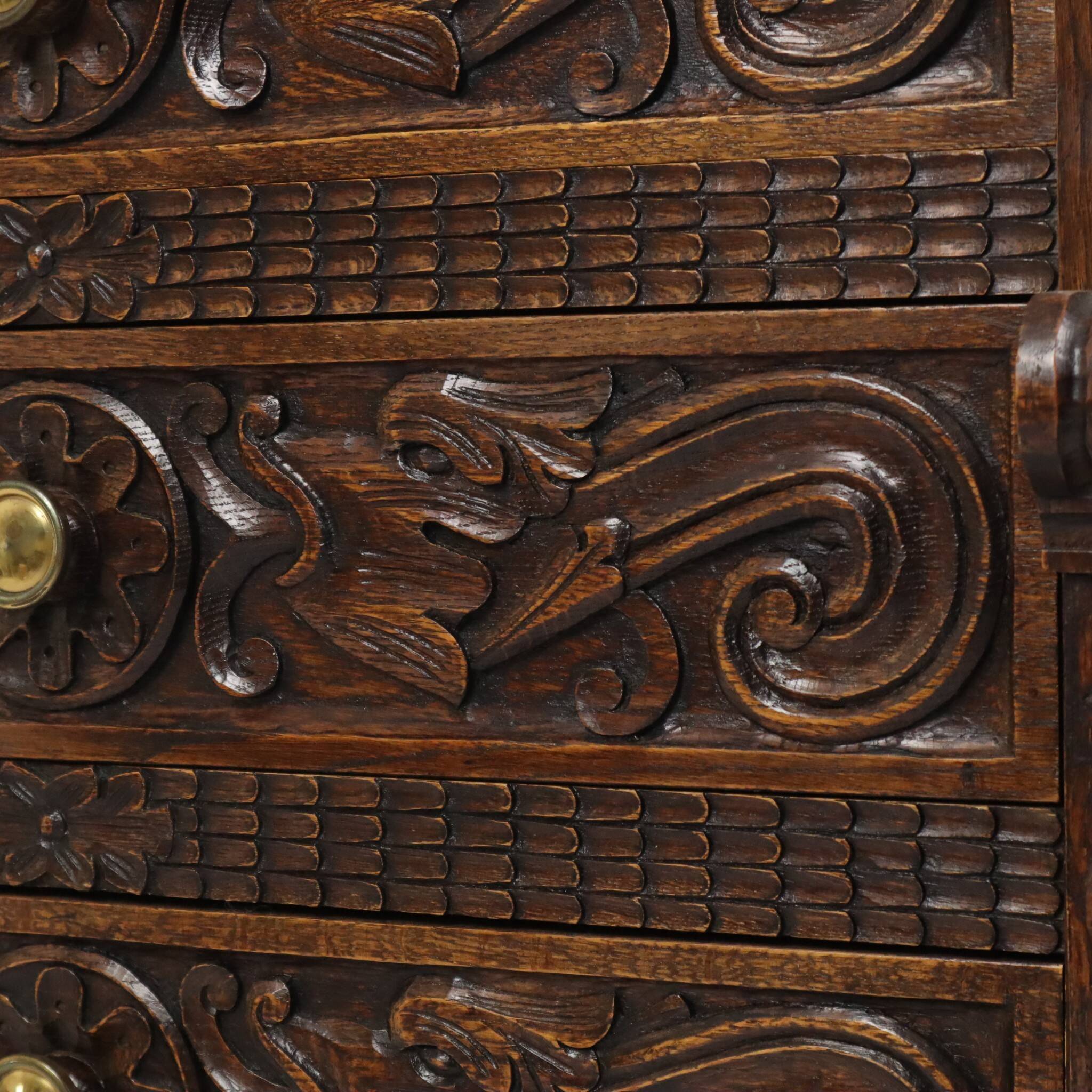 Vintage Carved Oak Cabinet/Chest of Drawers with Mythical Figures