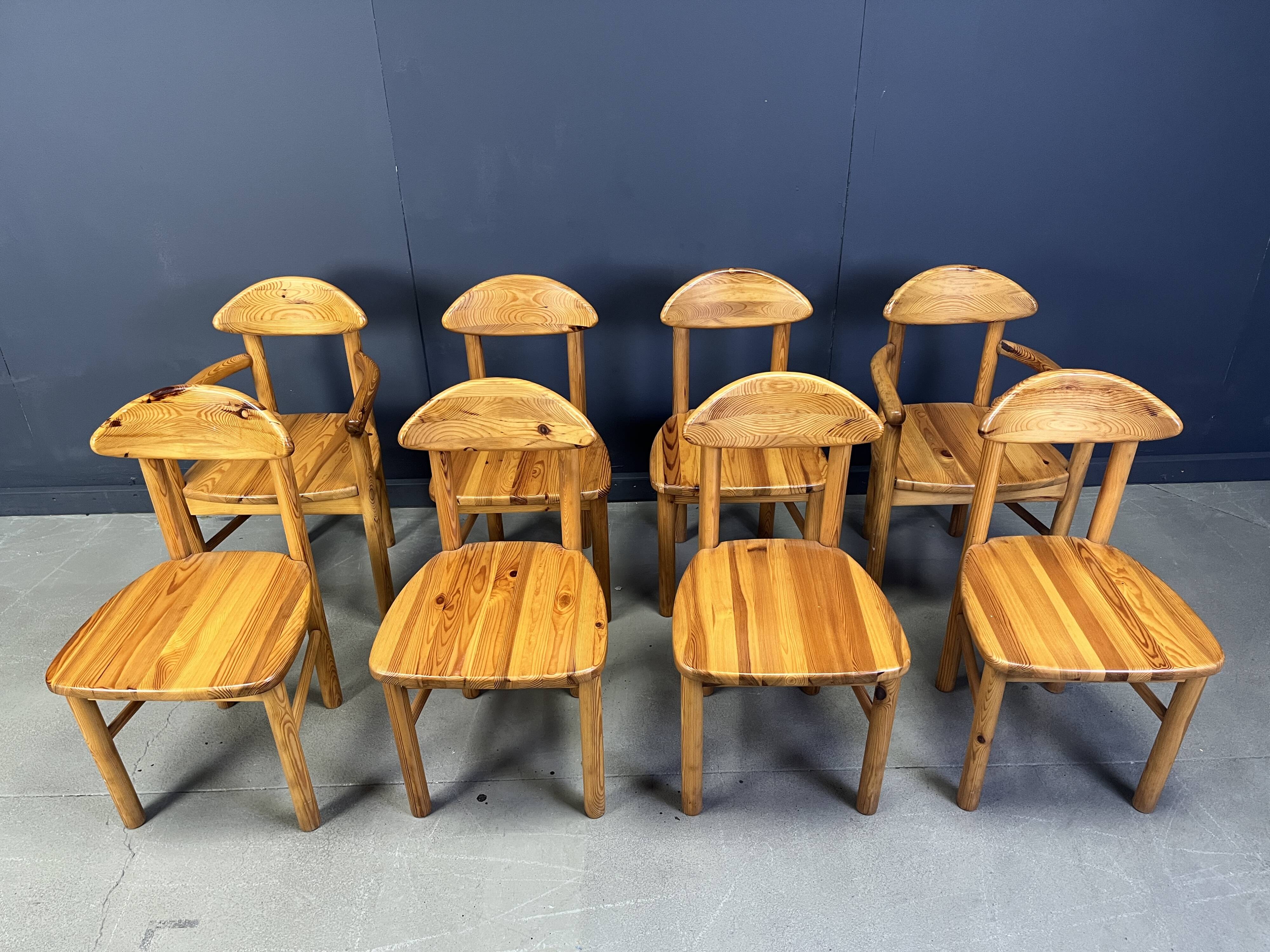 Vintage pine wood dining chairs - 1980s - set of 8
