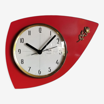 Horloge formica vintage pendule murale silencieuse asymétrique "Flash transistor rouge fleur"