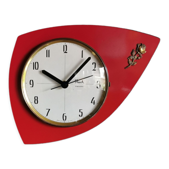 Vintage formica clock silent wall clock asymmetrical "Flash transistor red flower"