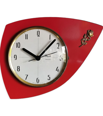 Vintage formica clock silent wall clock asymmetrical "Flash transistor red flower"