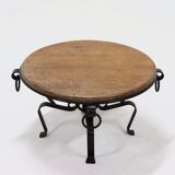 French Wrought Iron and Oak Circle Coffee Table 1960s