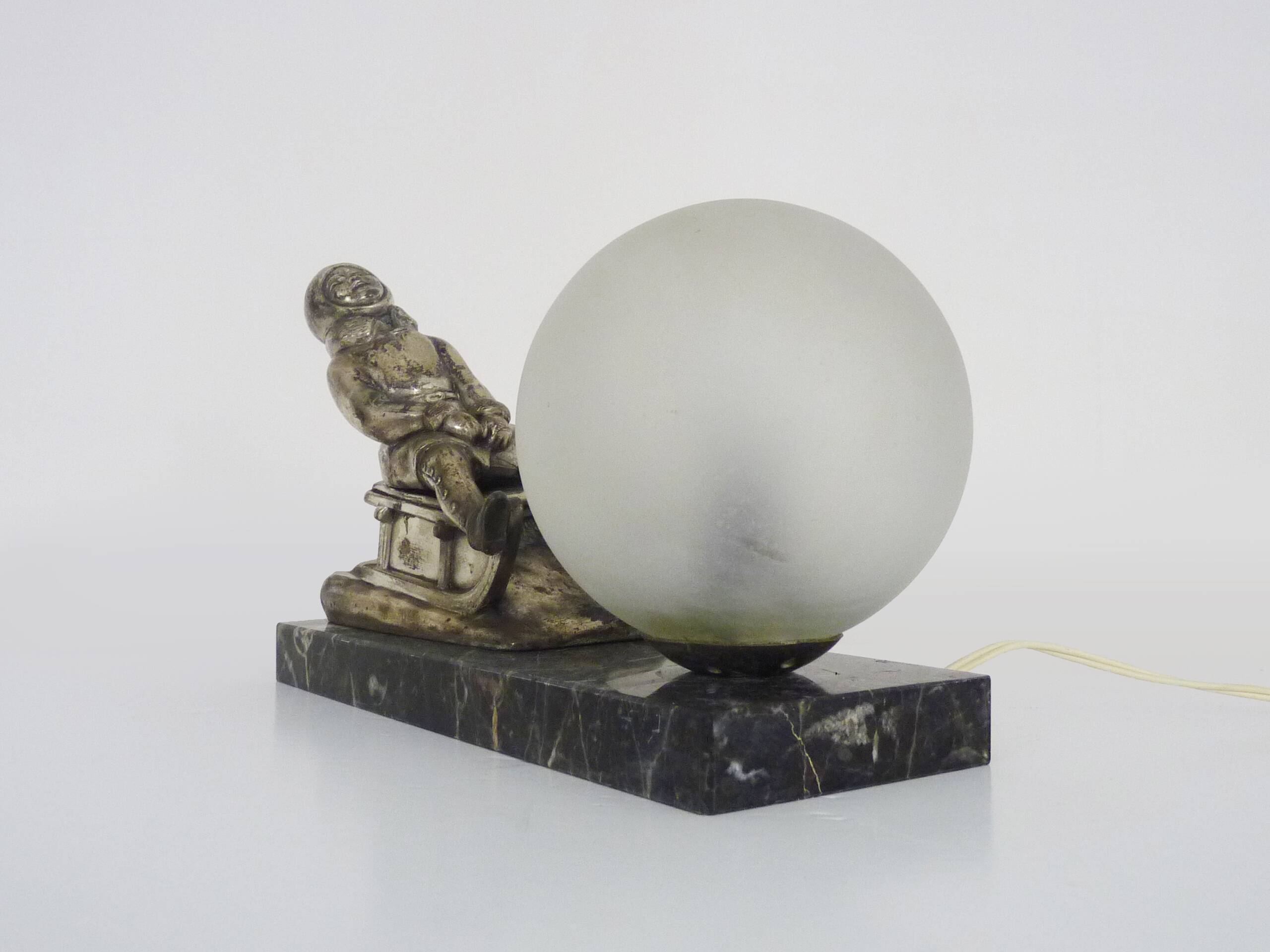 Lamp, Art Deco sled base night light in spelter on marble base