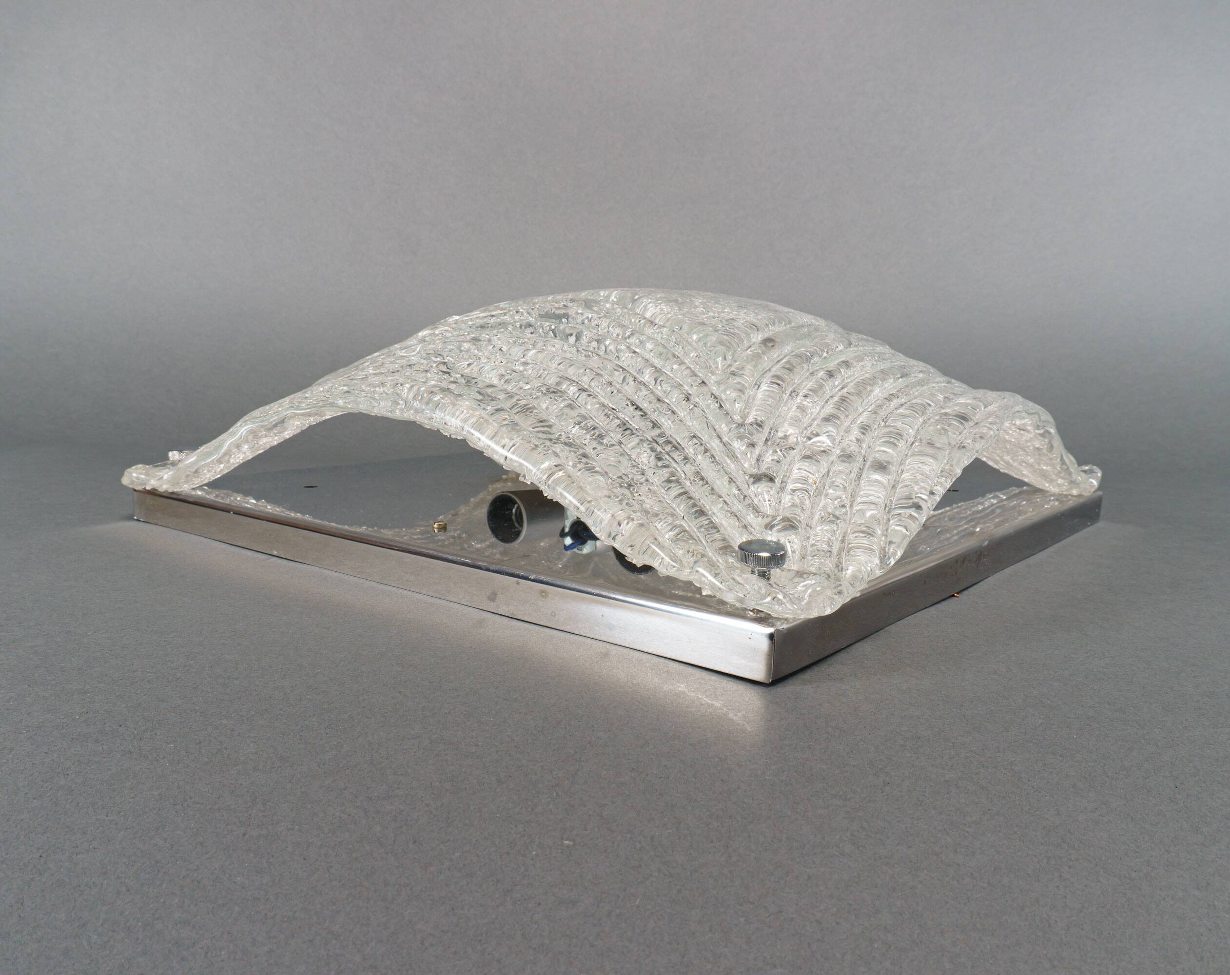 XL Vintage 1970s Italian Ice Glass & Chrome Wall Sconce / Ceiling Flush Lam