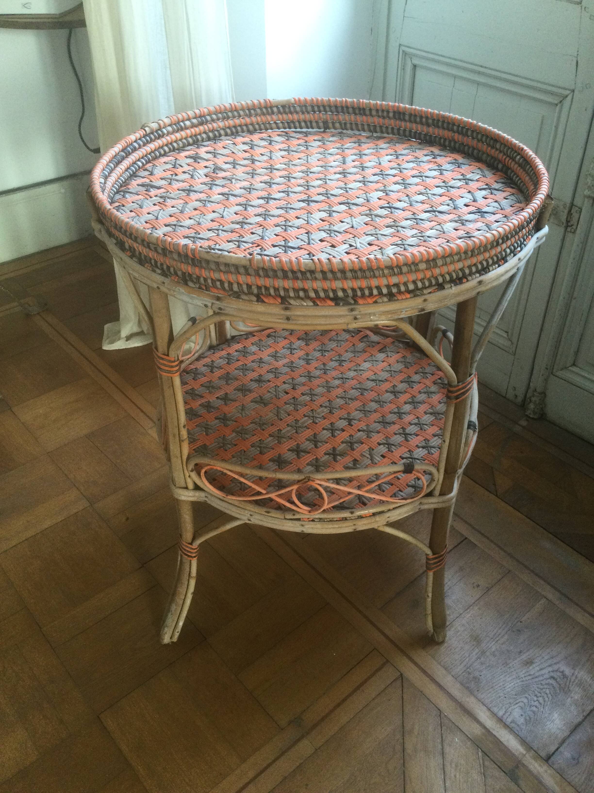 Round old rattan pedestal table