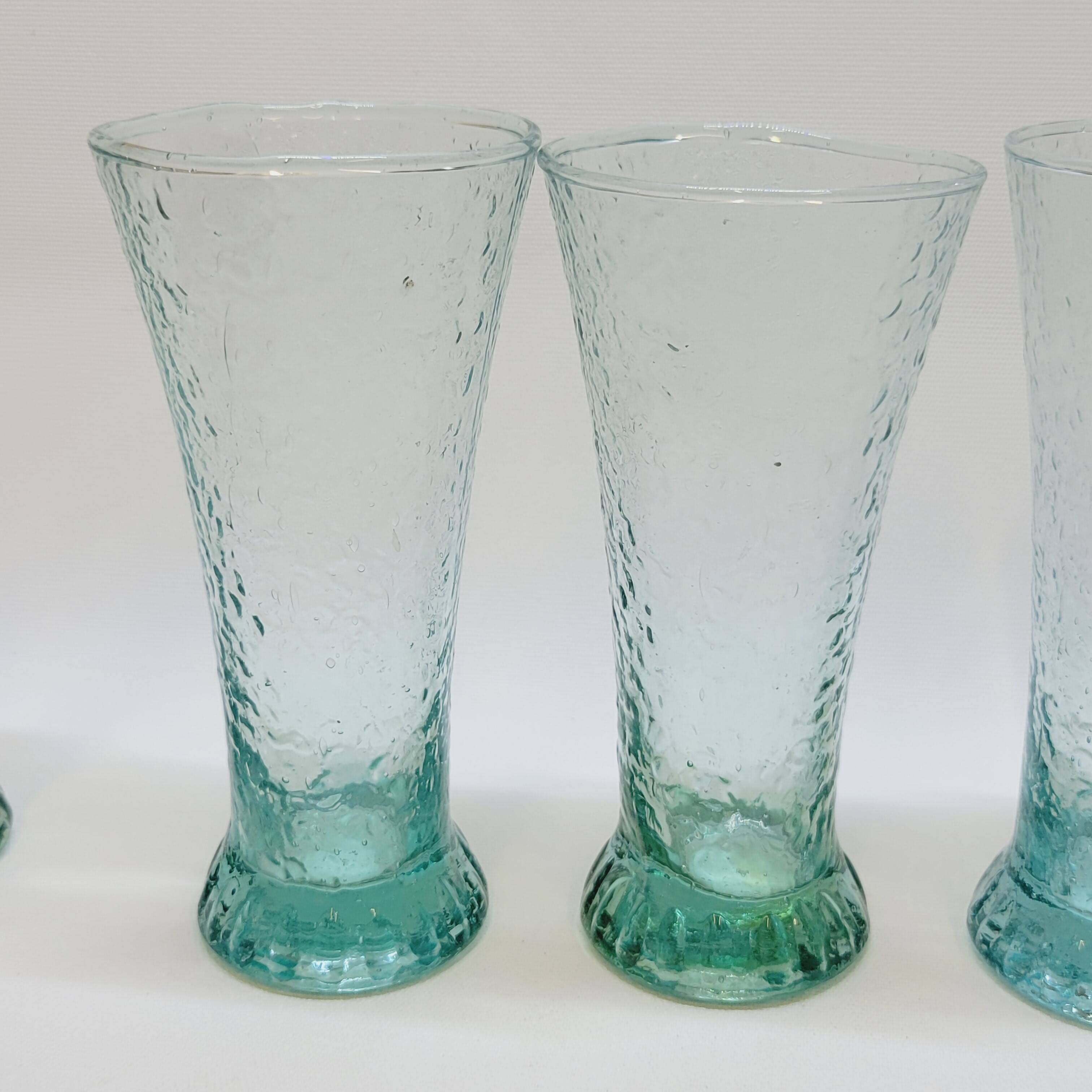 6 flared glasses in textured bubble blown blue glass pastis / orangeade / water