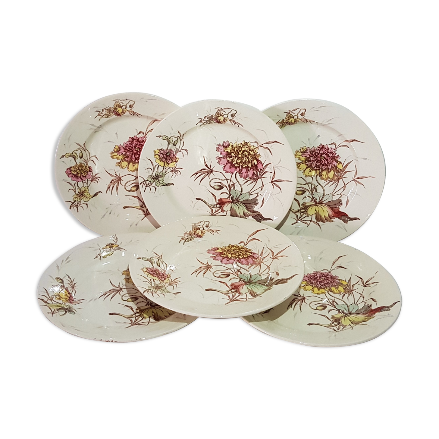 Set of 6 dessert plates in Luneville earthenware, iron earth, polychrome