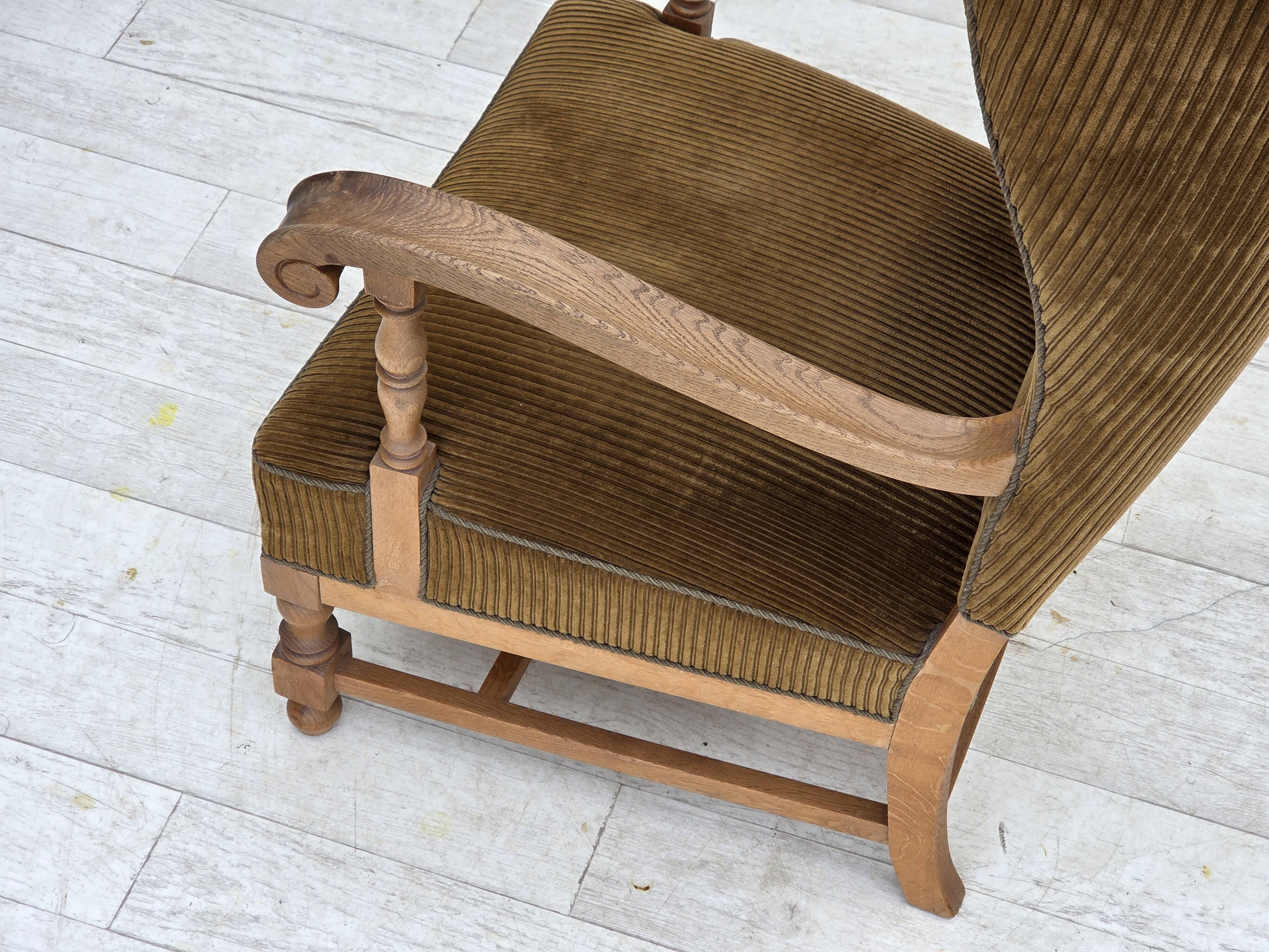 1970s, Scandinavian highback armchair, furniture corduroy, carved oak wood.