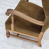 1970s, Scandinavian highback armchair, furniture corduroy, carved oak wood.