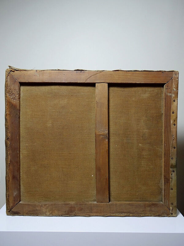 Grand tableau ferme sur étang ancien XIXe signature huile sur toile lin