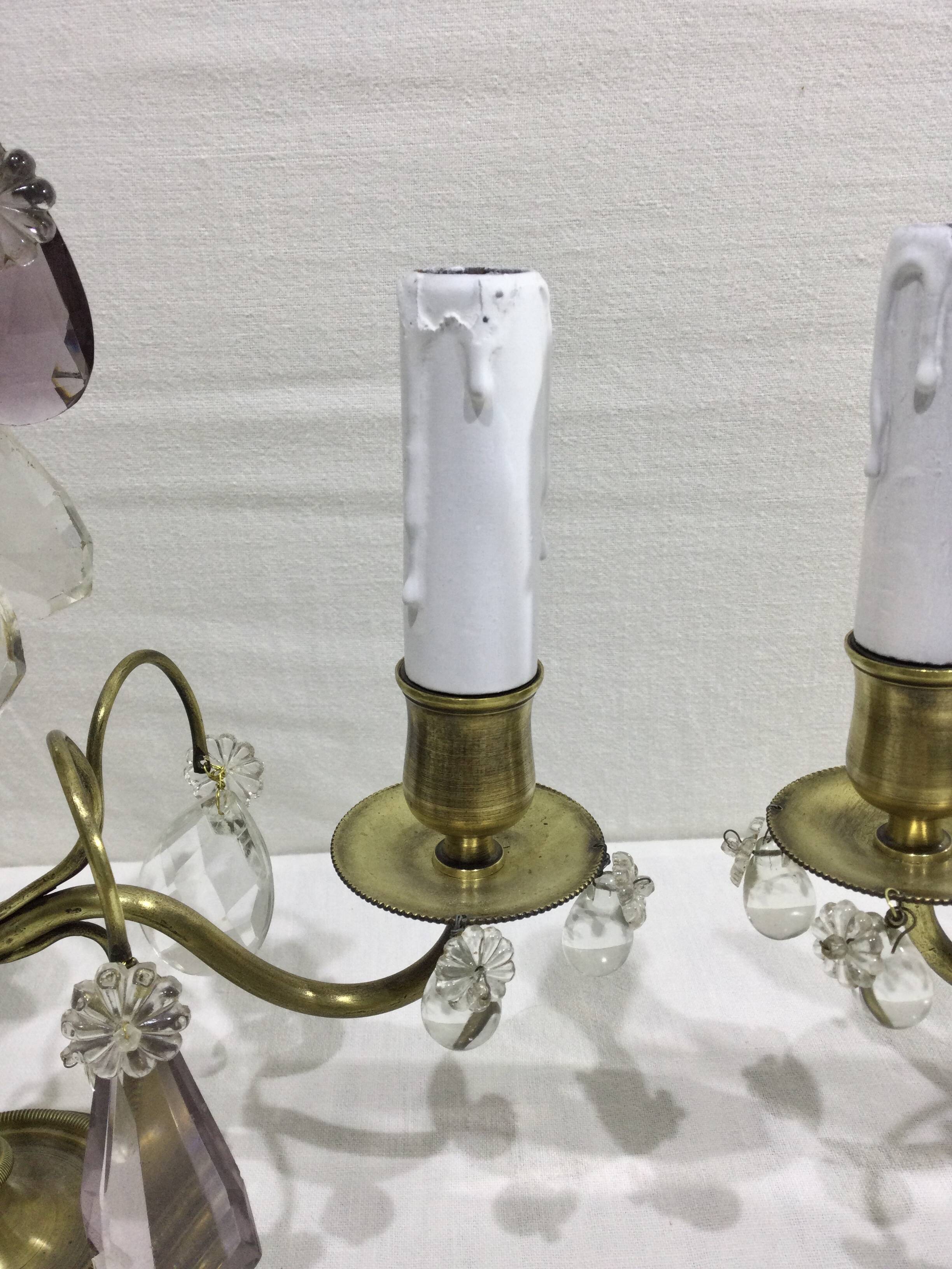Pair of girandole lamps in bronze and crystal
