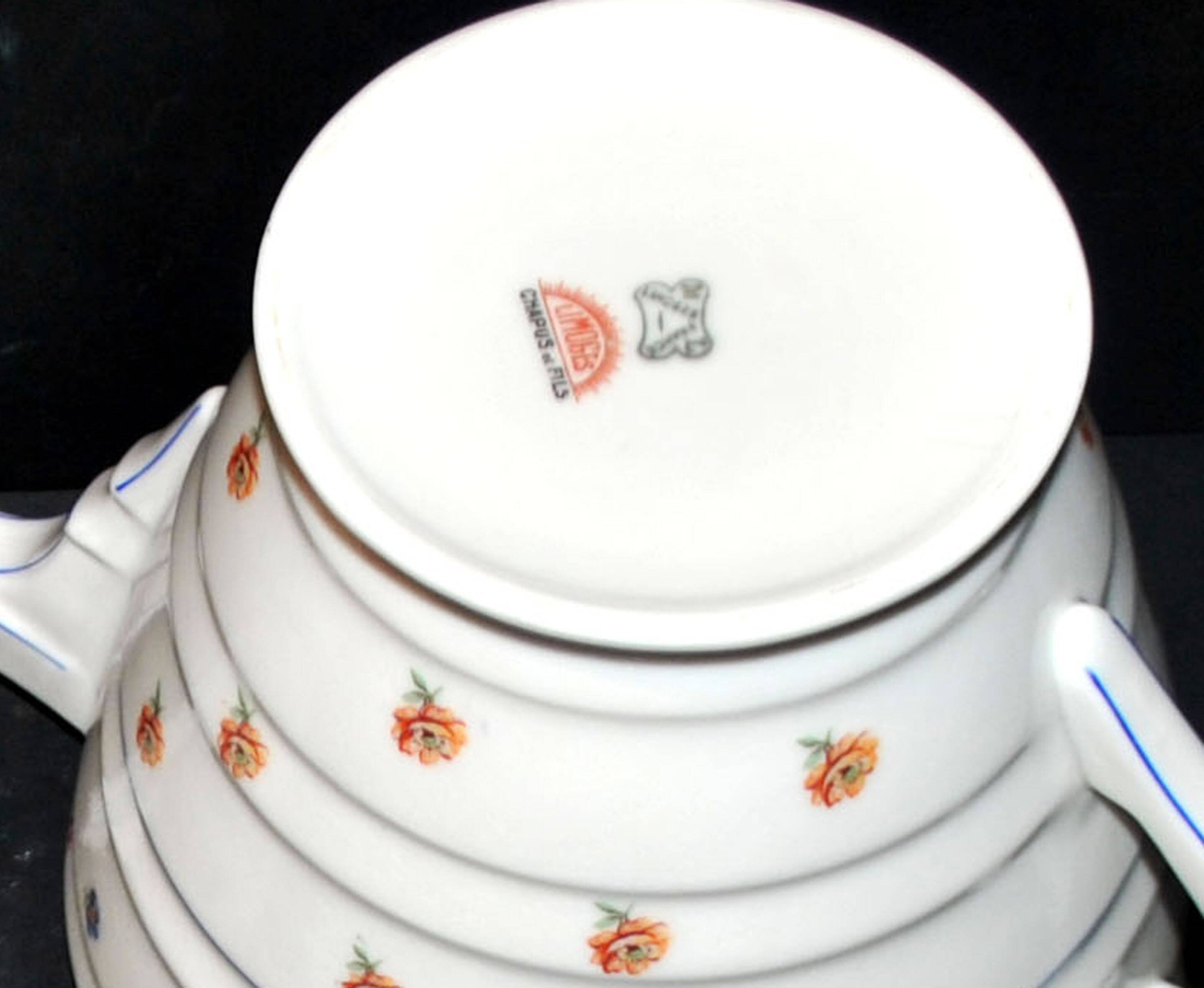 Service à thé Art Déco théière, 10 tasses en porcelaine de Limoges Chapus fils, 1930