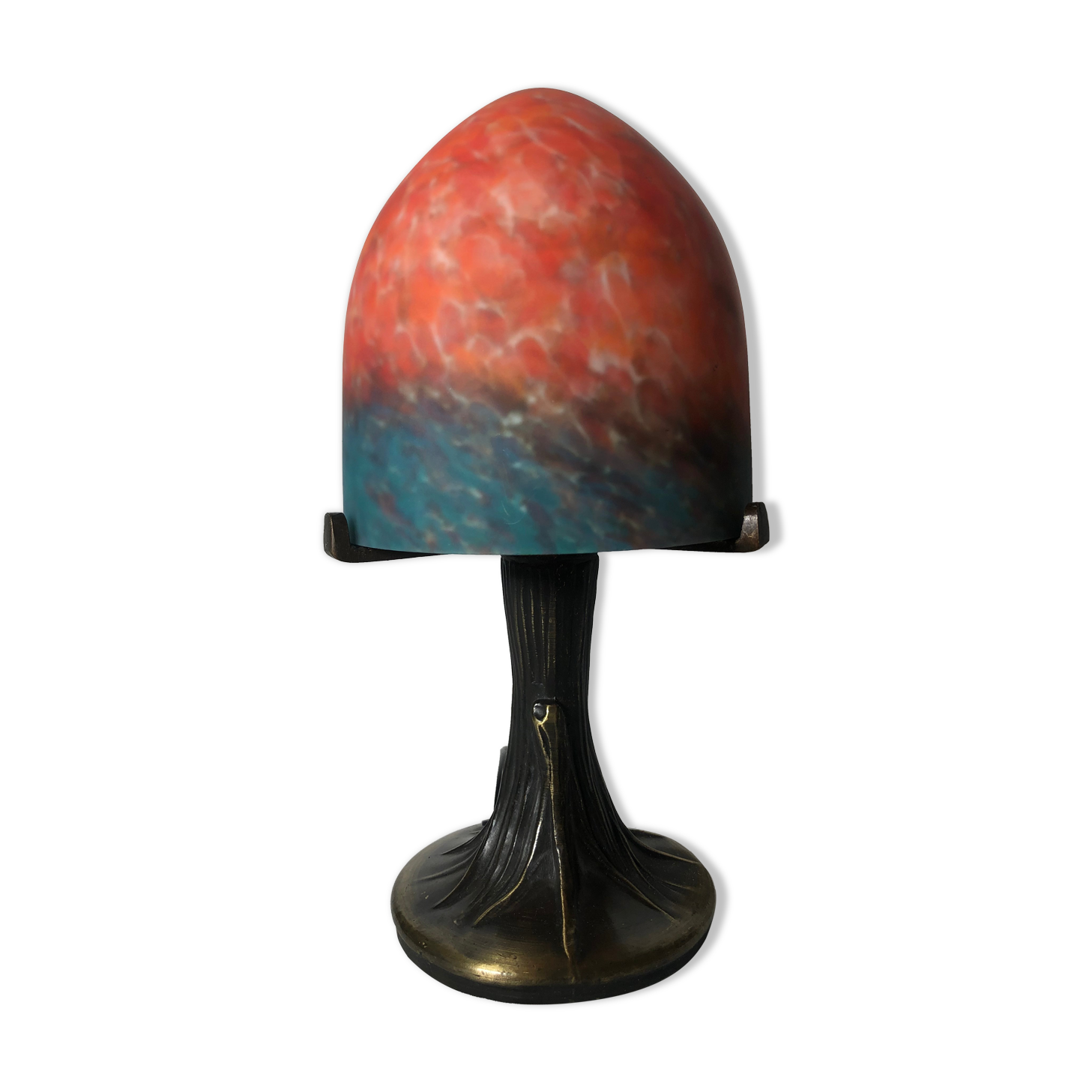 Lamp to lay in glass paste and patinated metal, Art-Nouveau. Good condition.