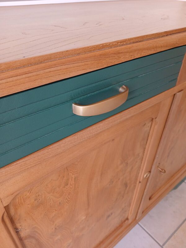 Buffet en loupe d'orme relooké vert et bois