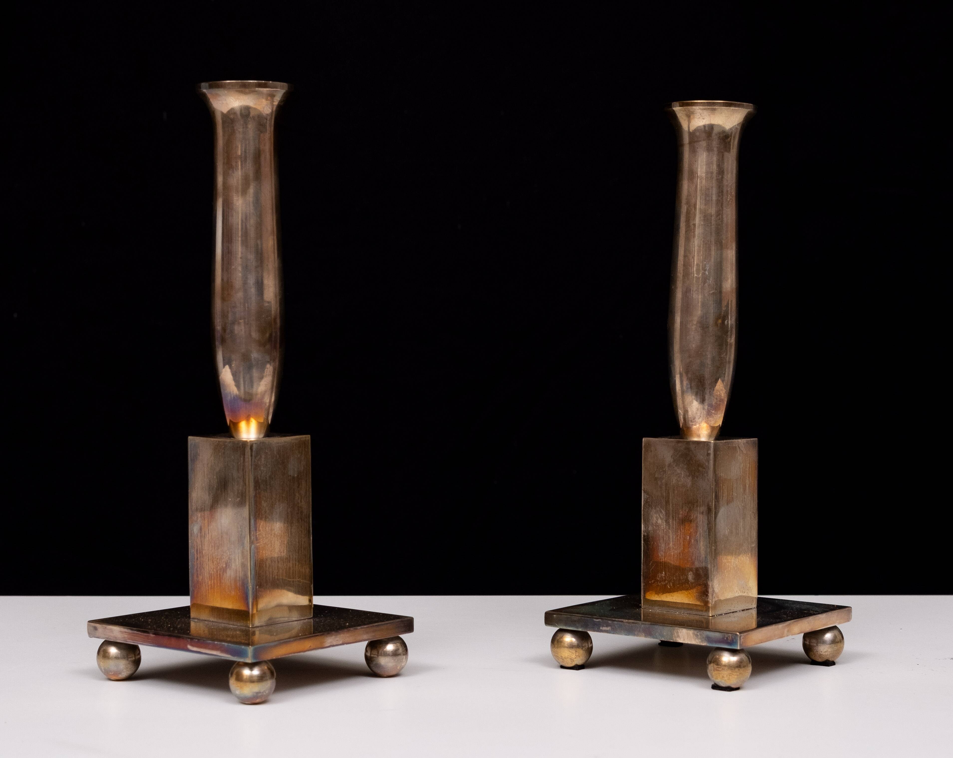Modernistic silver plated bronze candle sticks Early 20th Century