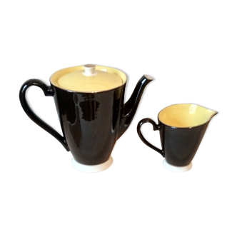 Coffee/tea service of the years 50, fine earthenware of DIGOIN SARREGUEMINES, carafe coffee black and yellow and milk pot