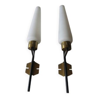 Pair of tall Italian iron, brass and opaline glass wall lights, Stilnovo period 1940s-50s