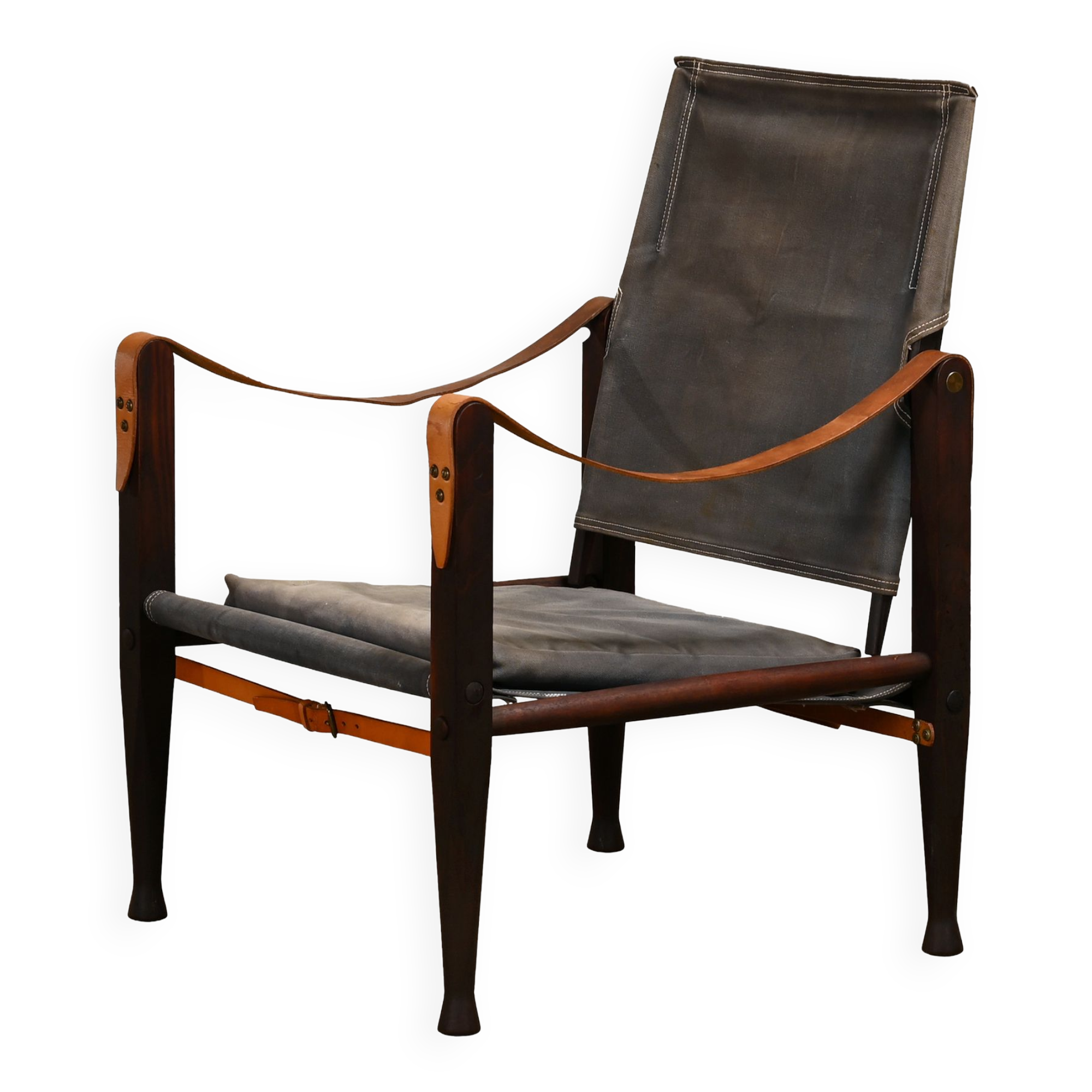 Kaare Klint Safari Chair in Grey Canvas and Dark Stained Ash for Rud Rasmussen