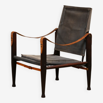 Kaare Klint Safari Chair in Grey Canvas and Dark Stained Ash for Rud Rasmussen