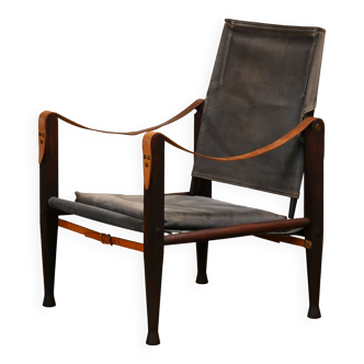 Kaare Klint Safari Chair in Grey Canvas and Dark Stained Ash for Rud Rasmussen