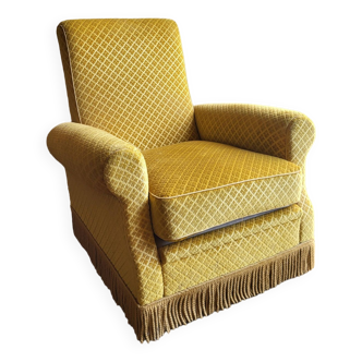 Fauteuil à franges velours moutarde