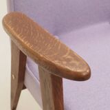 Mid-century modern armchair, oak wood, natural wool.