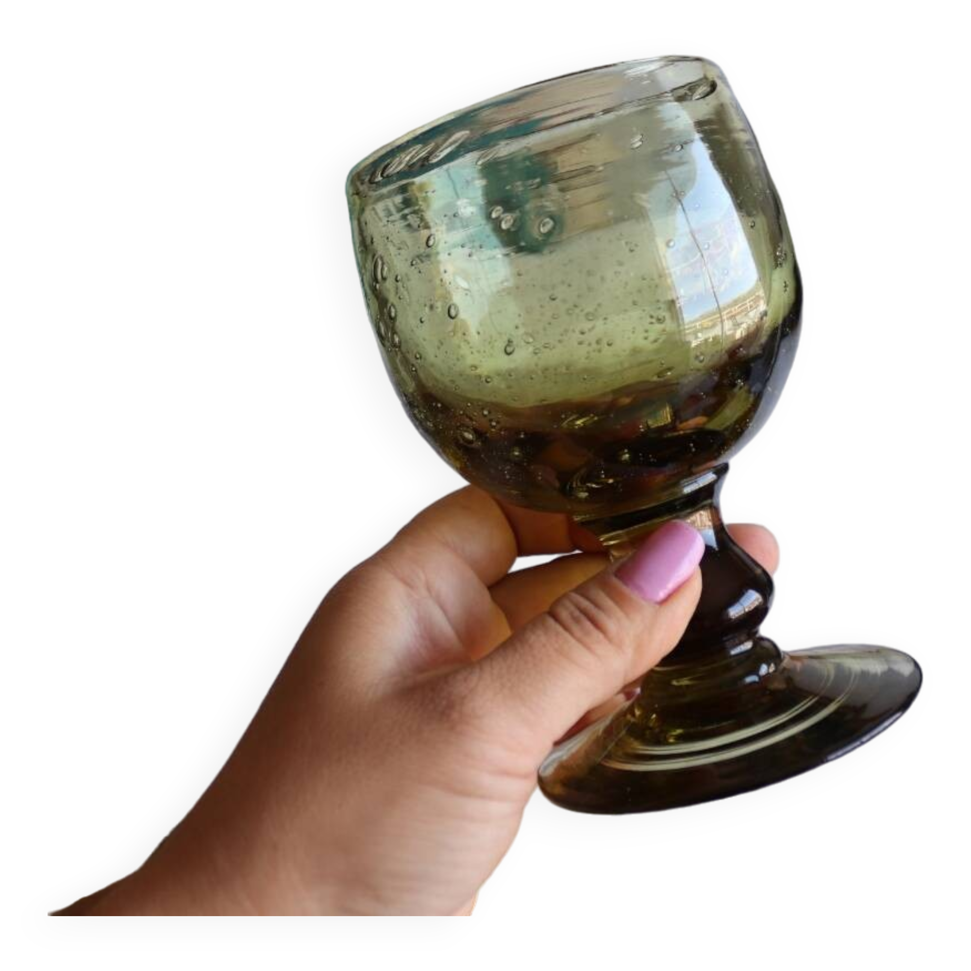 7 green biot stemmed glasses in bubbled glass