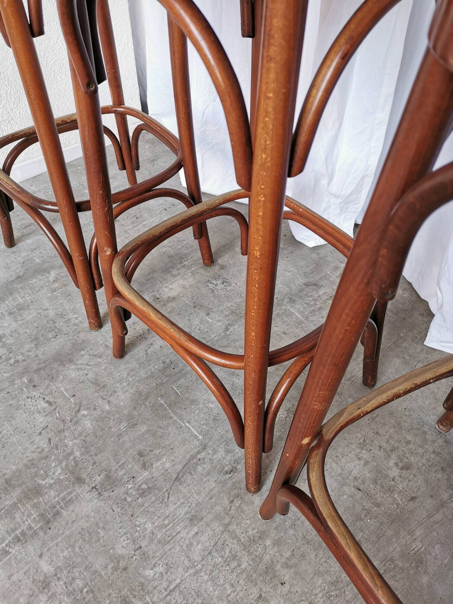 Set of 4 Vintage Bentwood Bar Stools, Brown Leather Seat, Nailhead Trim