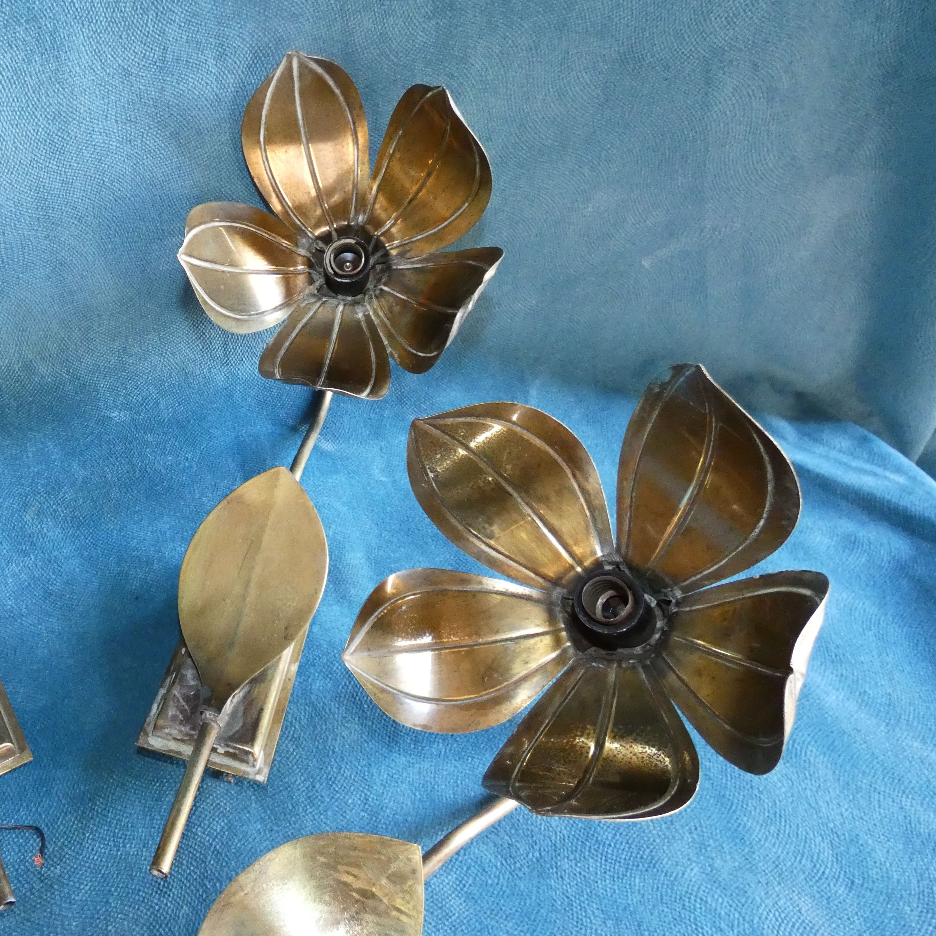 House florart 3 wall lamps vintage brass flowers circa 1960