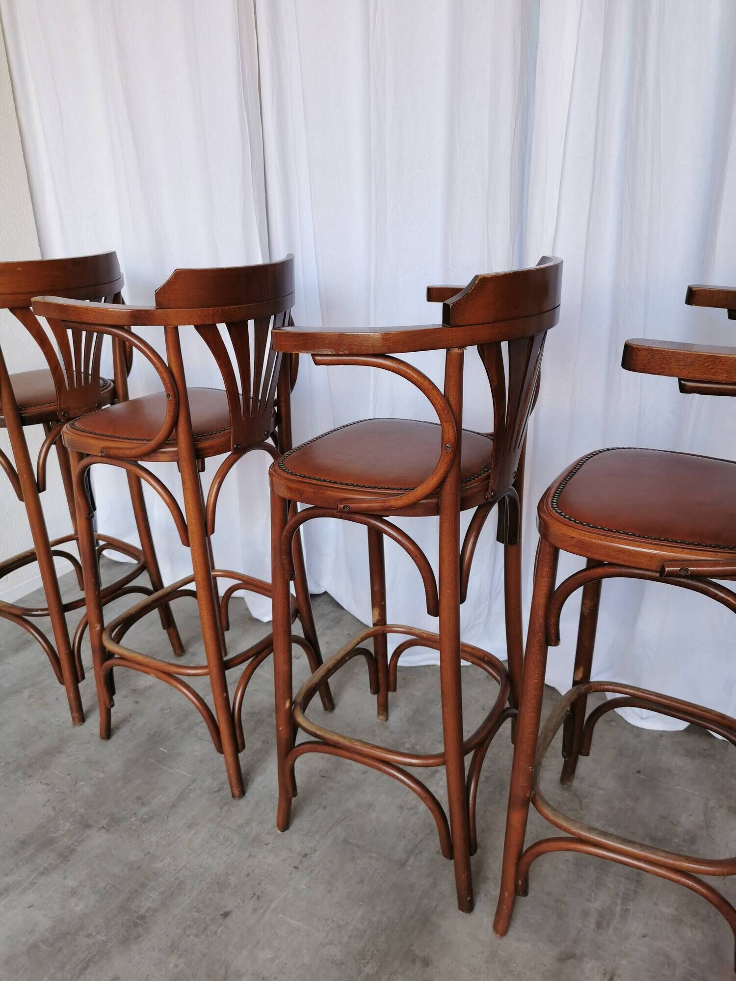 Set of 4 Vintage Bentwood Bar Stools, Brown Leather Seat, Nailhead Trim