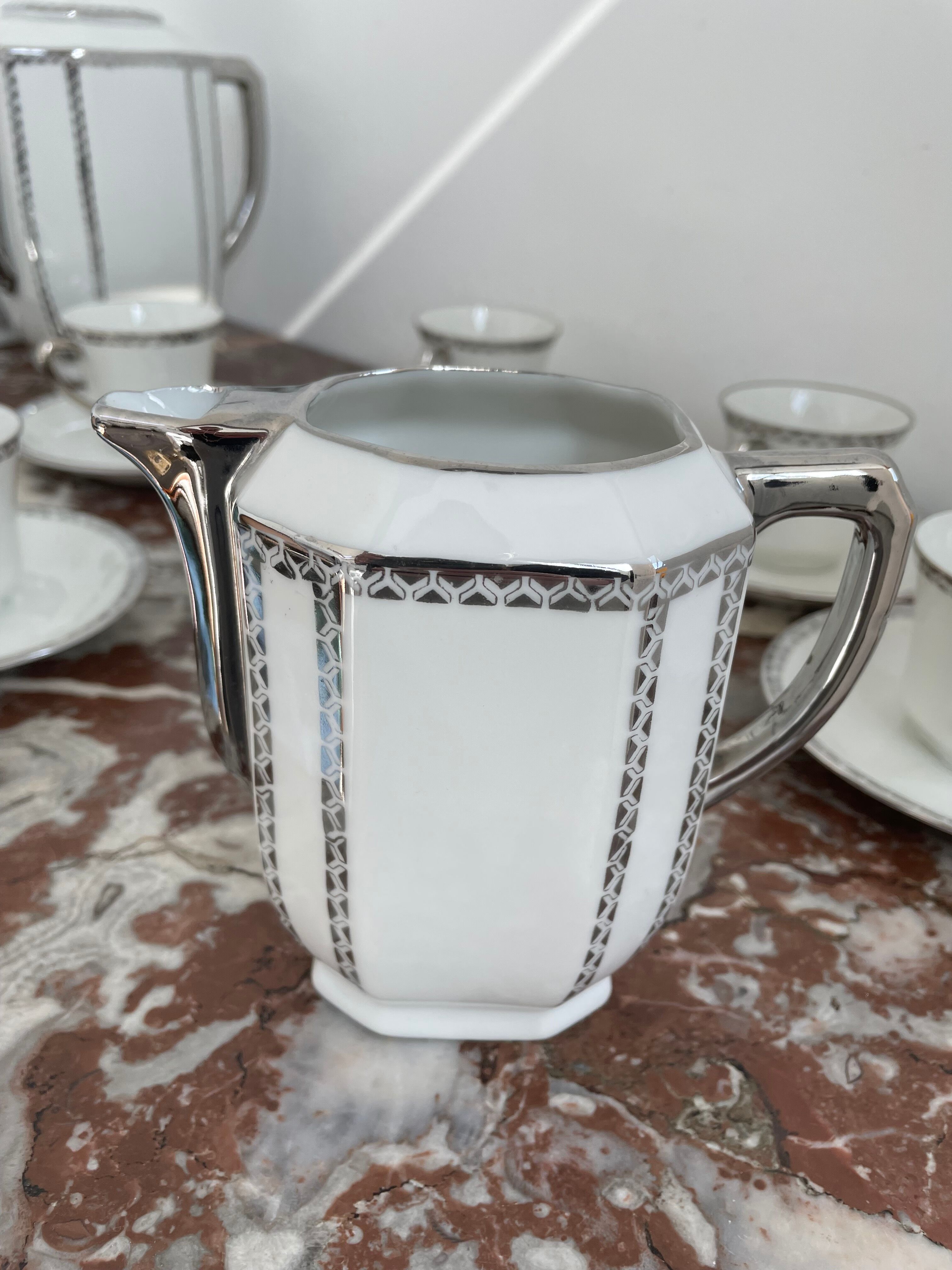 Coffee set, tea 1925, art deco, union céramique, uc, limoges, 8 cups, 8 subcups, teapot