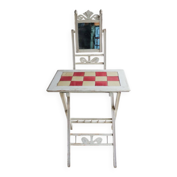 Petite coiffeuse pliante ancienne en bois, carreaux et miroir au mercu