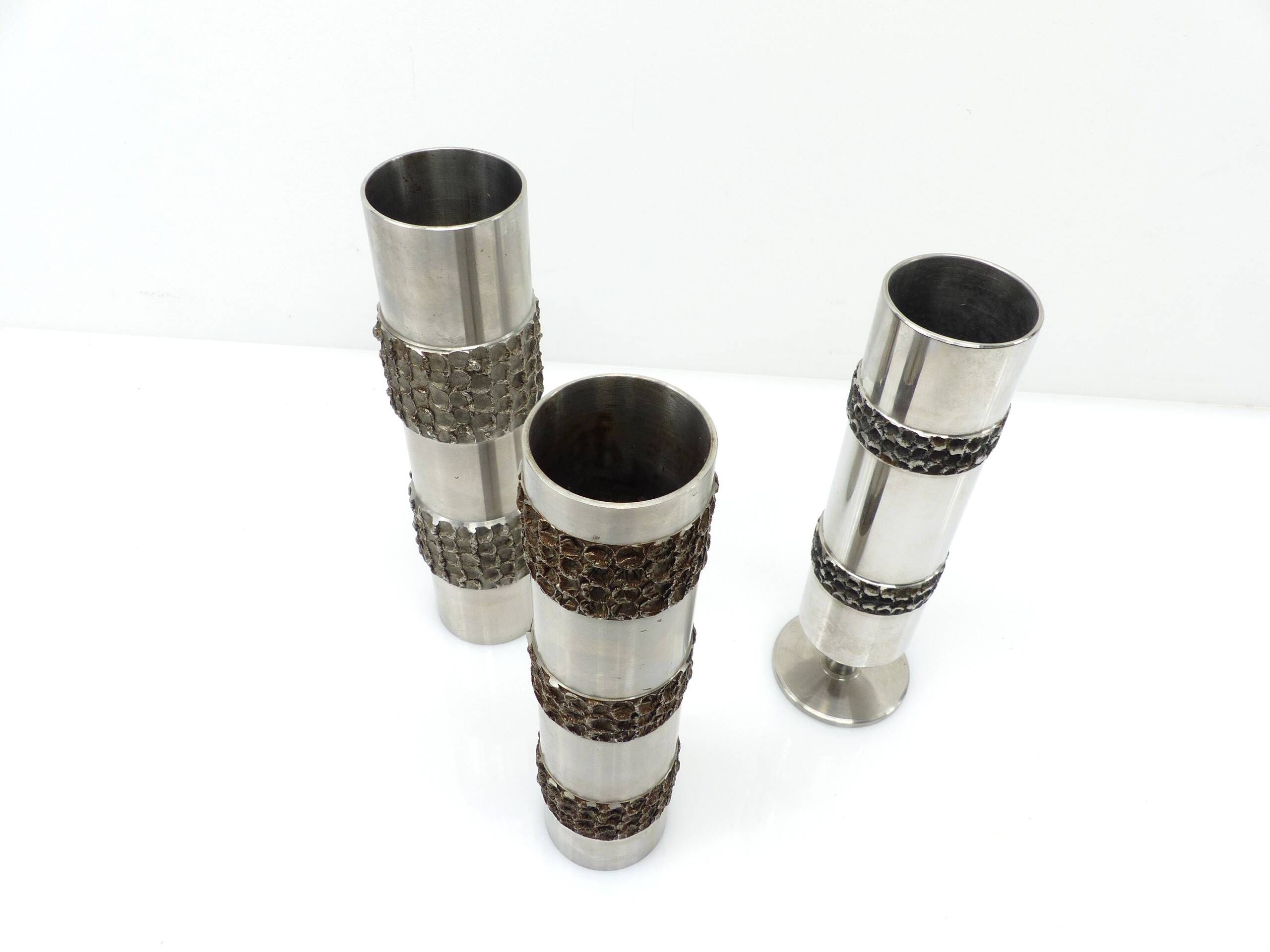 Set of three brutalist metal vases by BMF – Germany, 1970s