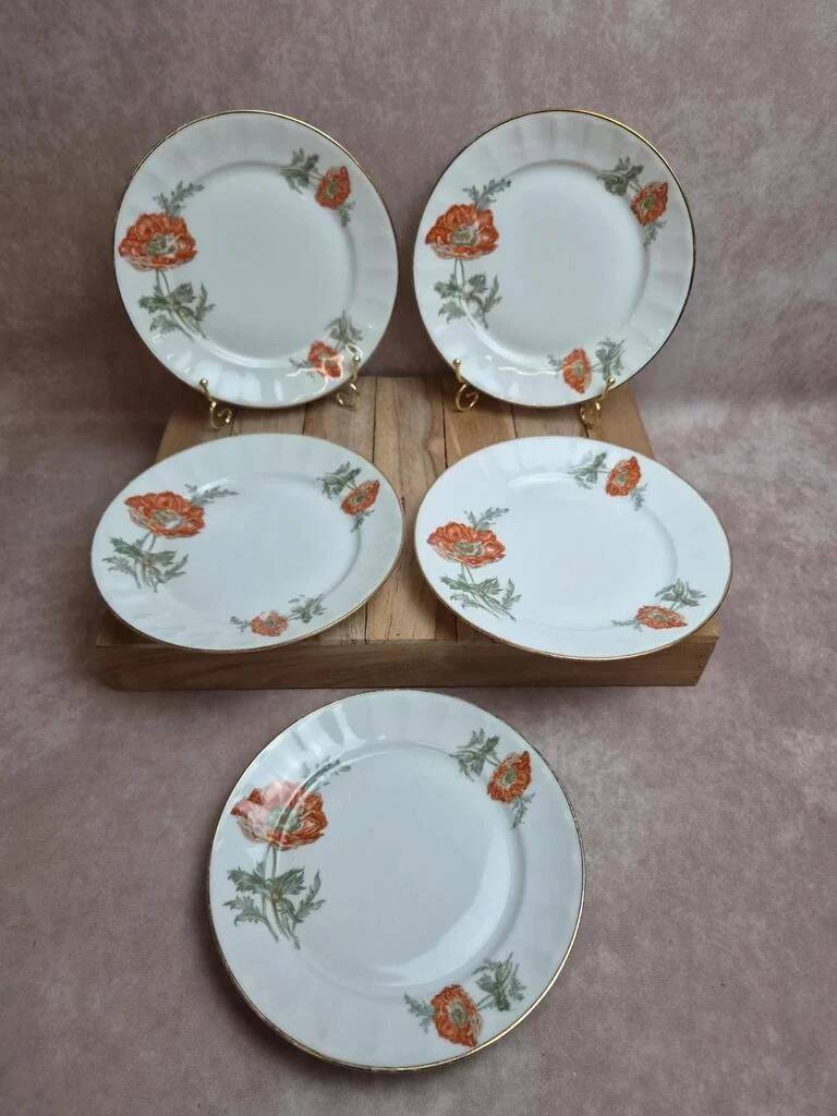 Set of 5 dessert plates in porcelain – Poppy floral design