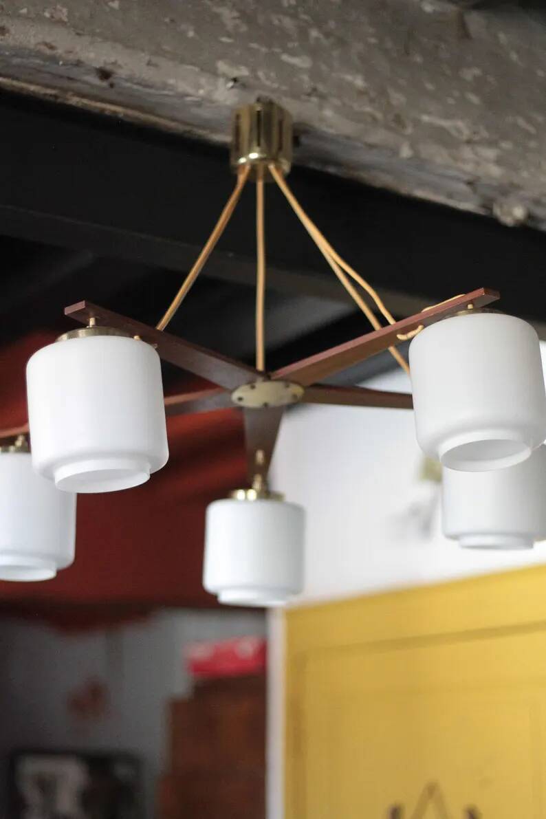 Teak and opaline pendant light, Scandinavian ceiling lamp, vintage wooden pendant with 5 lights, decor.