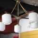 Teak and opaline pendant light, Scandinavian ceiling lamp, vintage wooden pendant with 5 lights, decor.