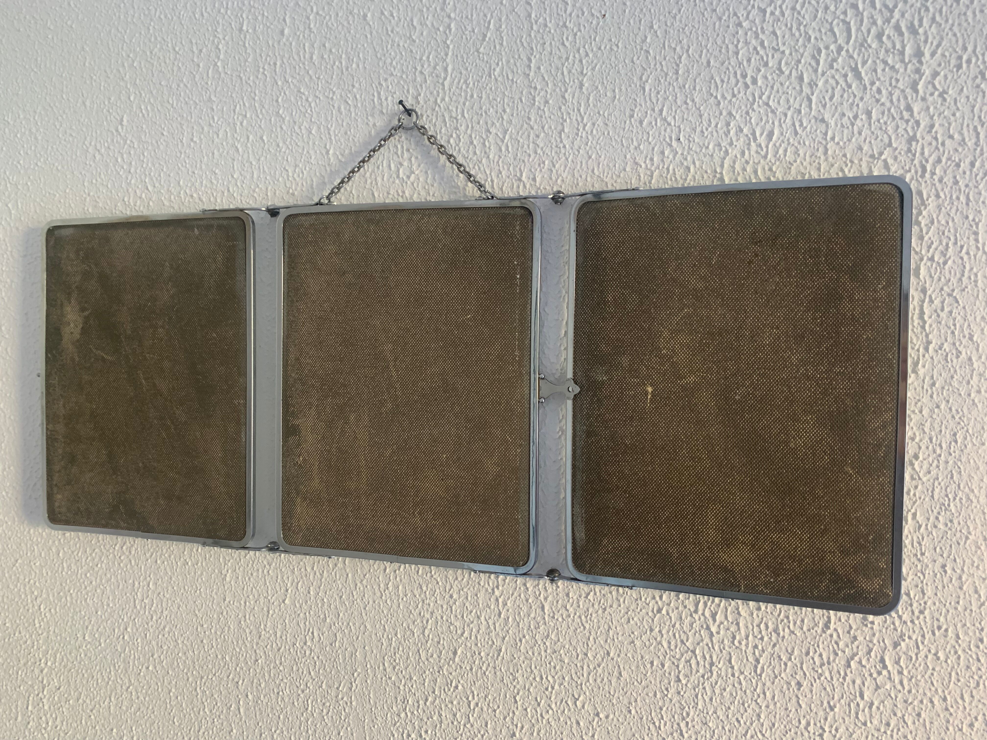 Vintage mirror 1930 triptych beveled barber iron gray - 28 x 69 cm
