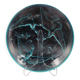 Art Deco Glass Bowl in Aquablue Colour Representing Water Scene, Verlys, France, 1930s