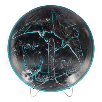 Bol en verre Art Déco de couleur Aquablue représentant une scène d'eau, Verlys, France, années 1930