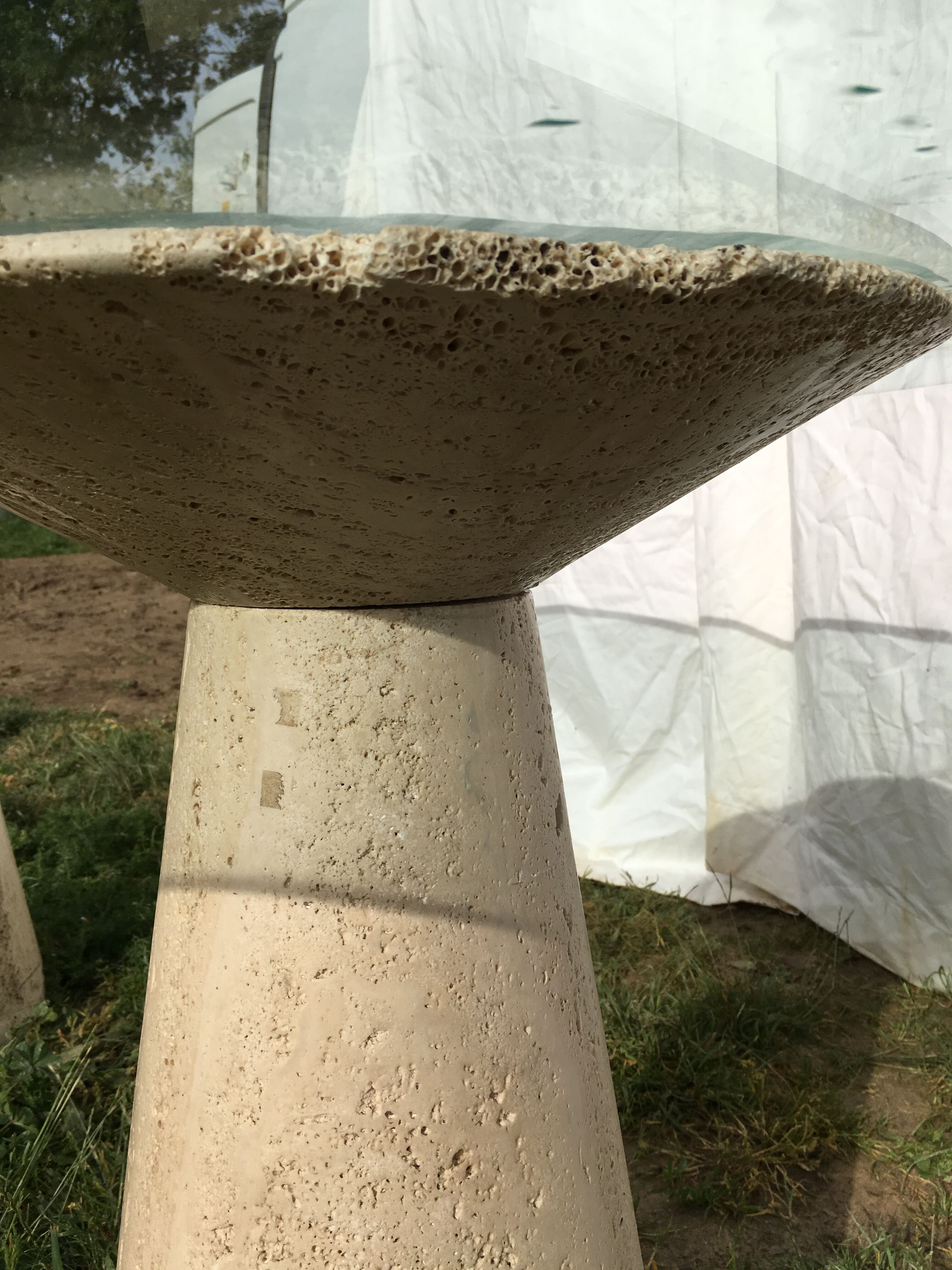 Table glass columns travertine design 1980